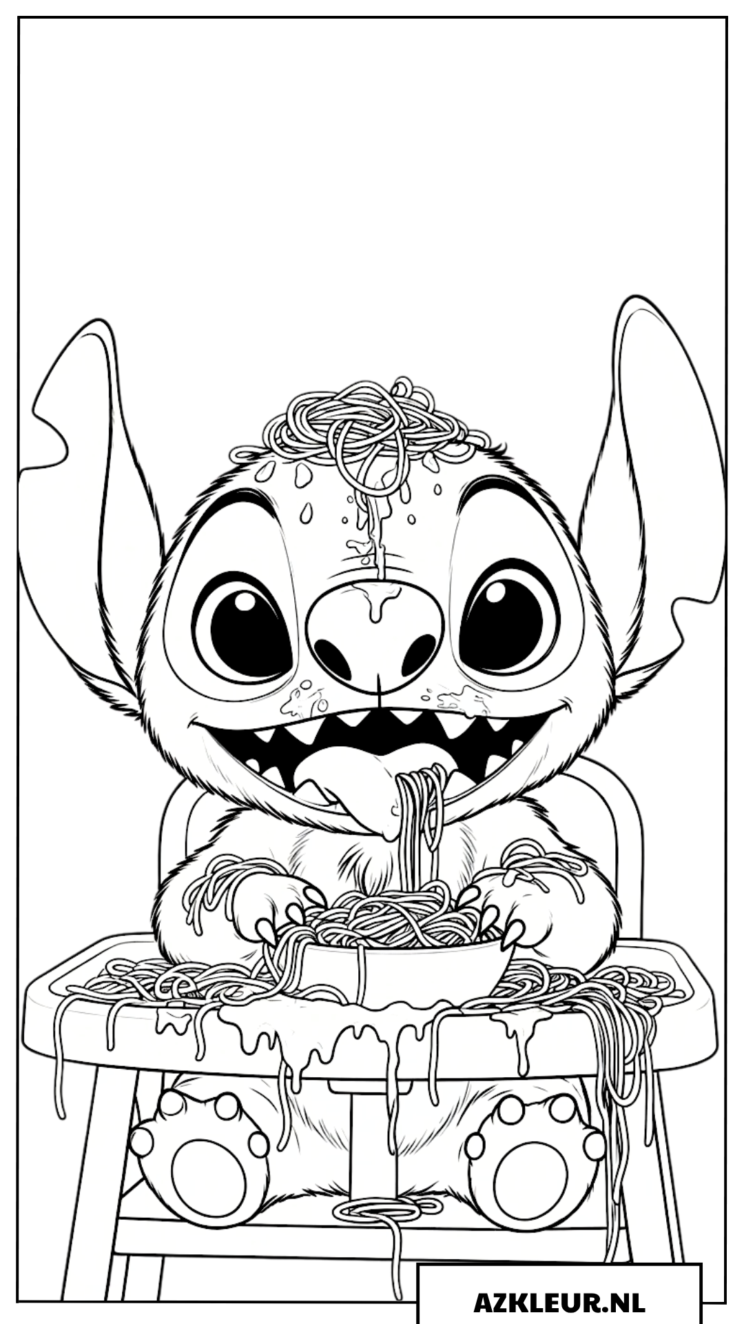 Kleurplaten Baby Stitch eet spaghetti en knoeit