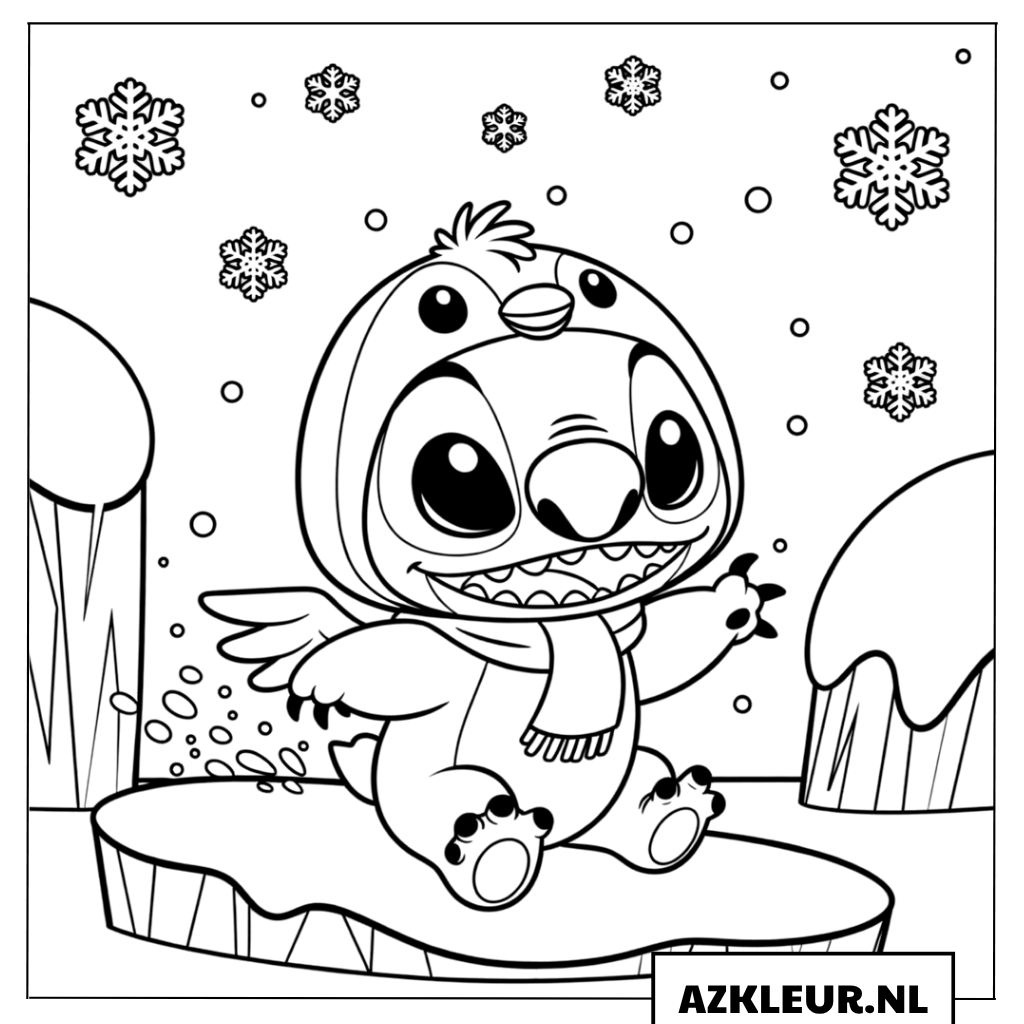 Kleurplaten Baby Stitch in een pinguïnkostuum