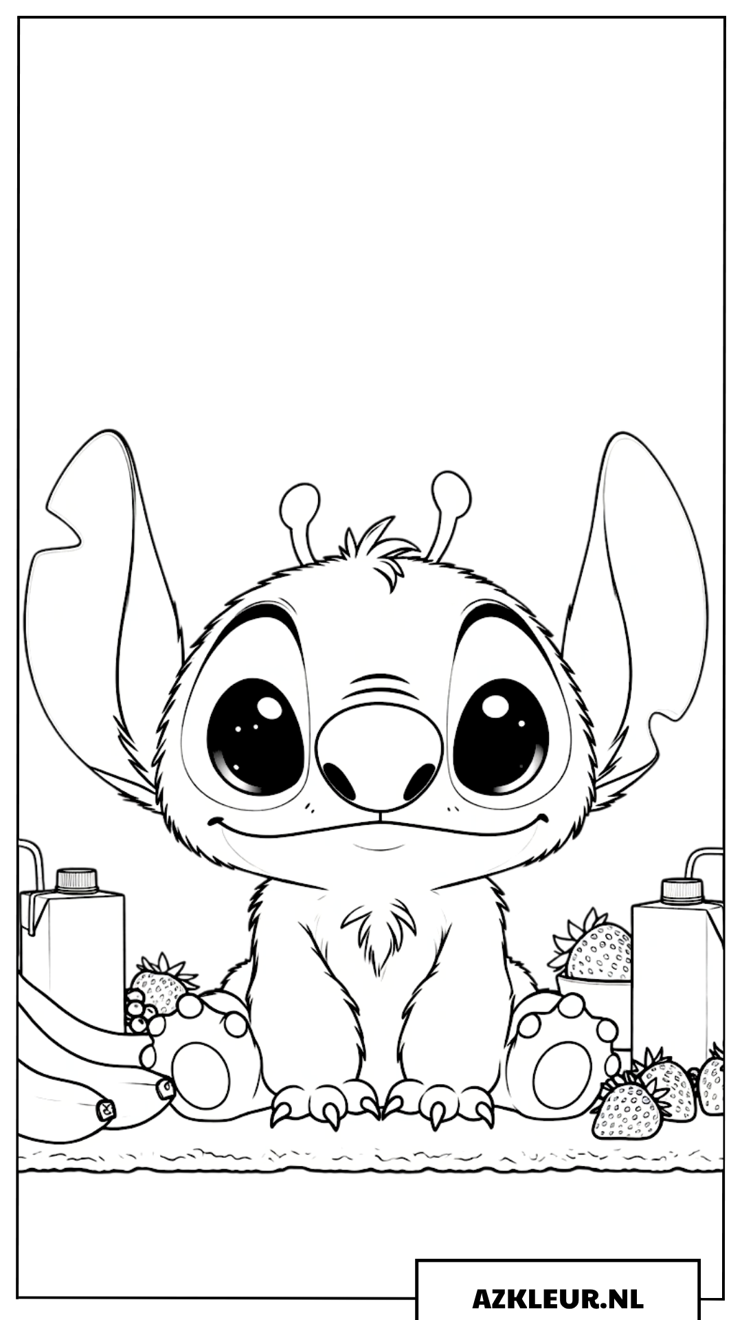Kleurplaten Baby Stitch knoeit met snacks en fruit