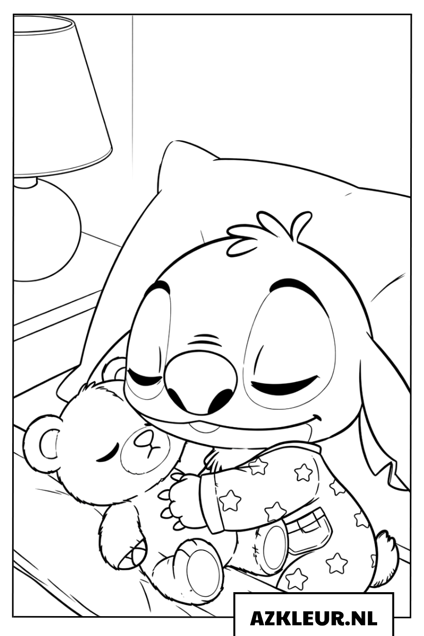 Kleurplaten Baby Stitch knuffelt een teddybeer tijdens het slapen