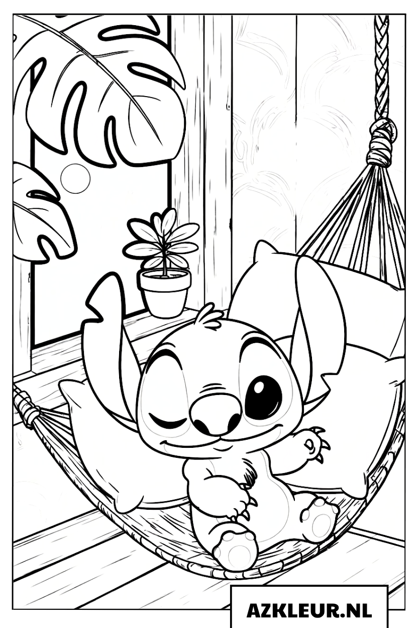 Kleurplaten Baby Stitch slaapt in een hangmat