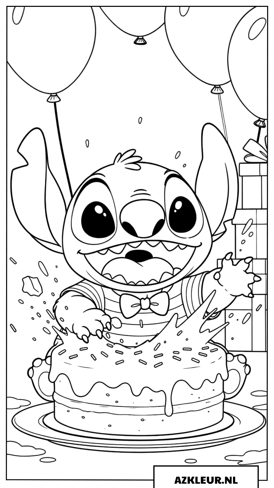 Kleurplaten Baby Stitch slaat in een verjaardagstaart
