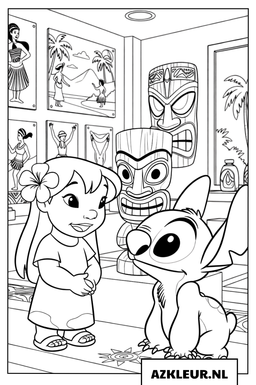Kleurplaten Lilo en Stitch bezoeken een museum