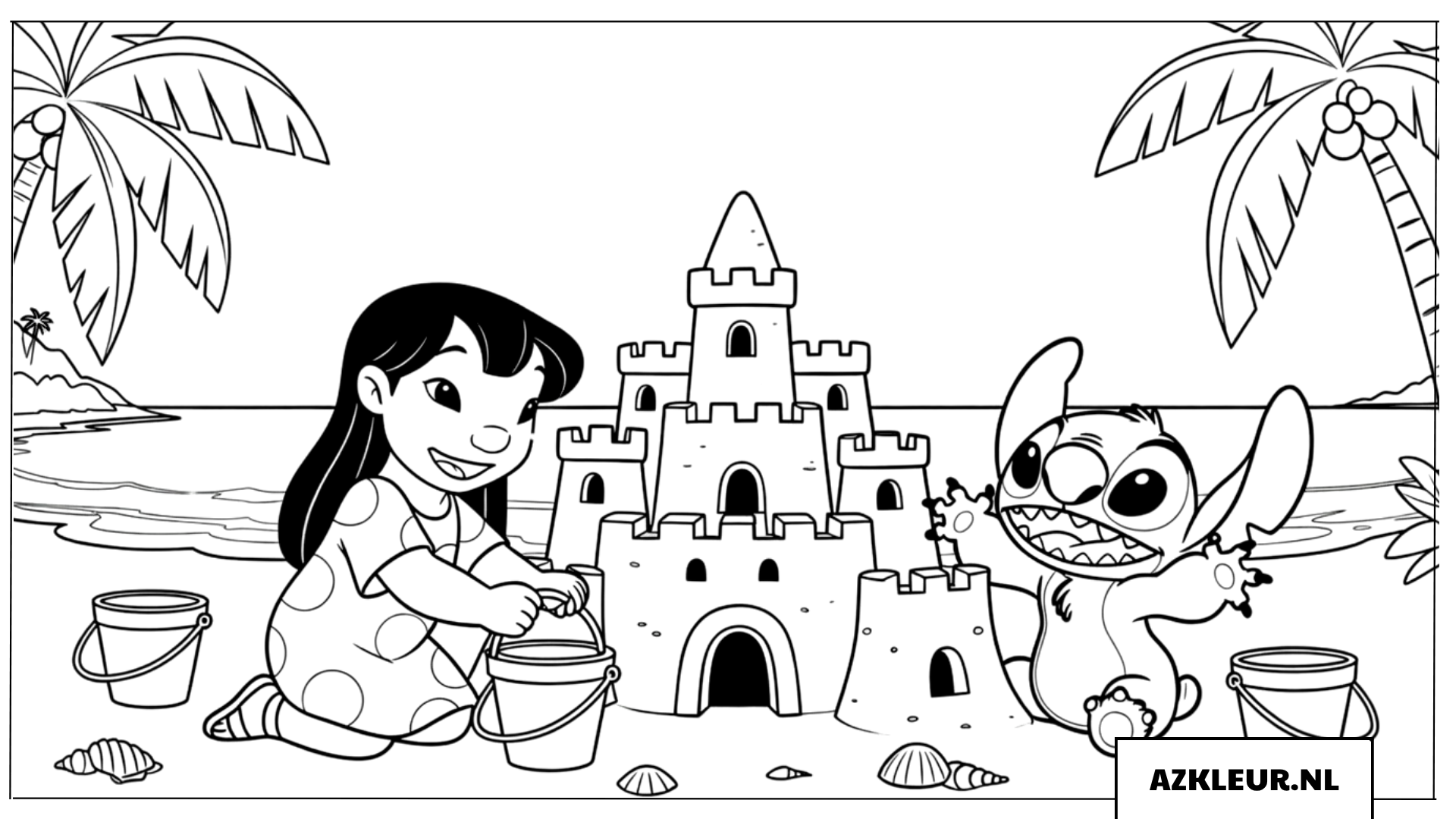 Kleurplaten Lilo en Stitch bouwen een zandkasteel