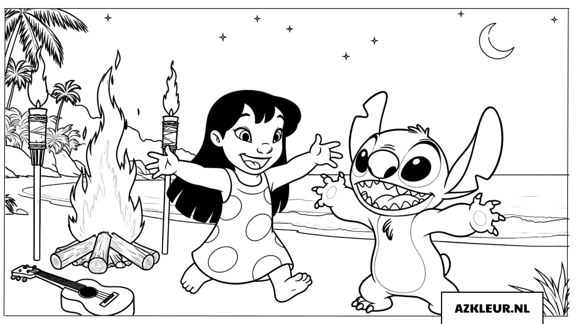 Kleurplaten Lilo en Stitch dansen bij een kampvuur