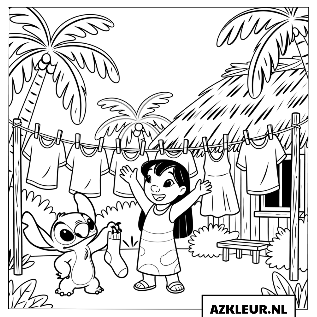 Kleurplaten Lilo en Stitch doen de was buiten