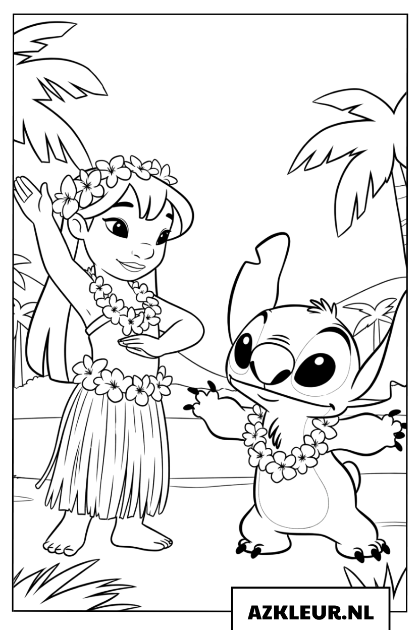 Kleurplaten Lilo en Stitch leren hula dansen