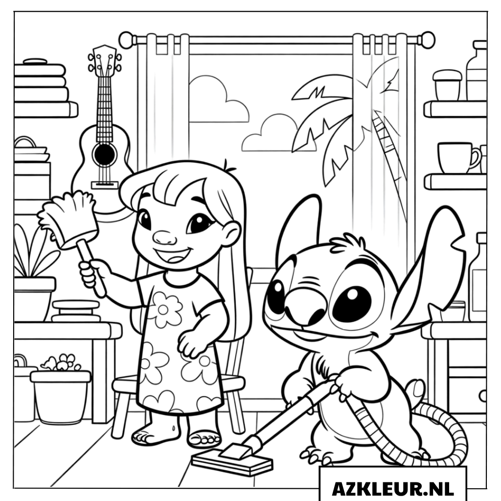 Kleurplaten Lilo en Stitch maken de woonkamer schoon