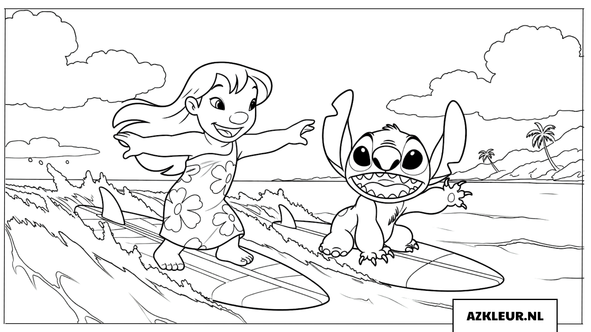 Kleurplaten Lilo en Stitch surfen in Hawaii