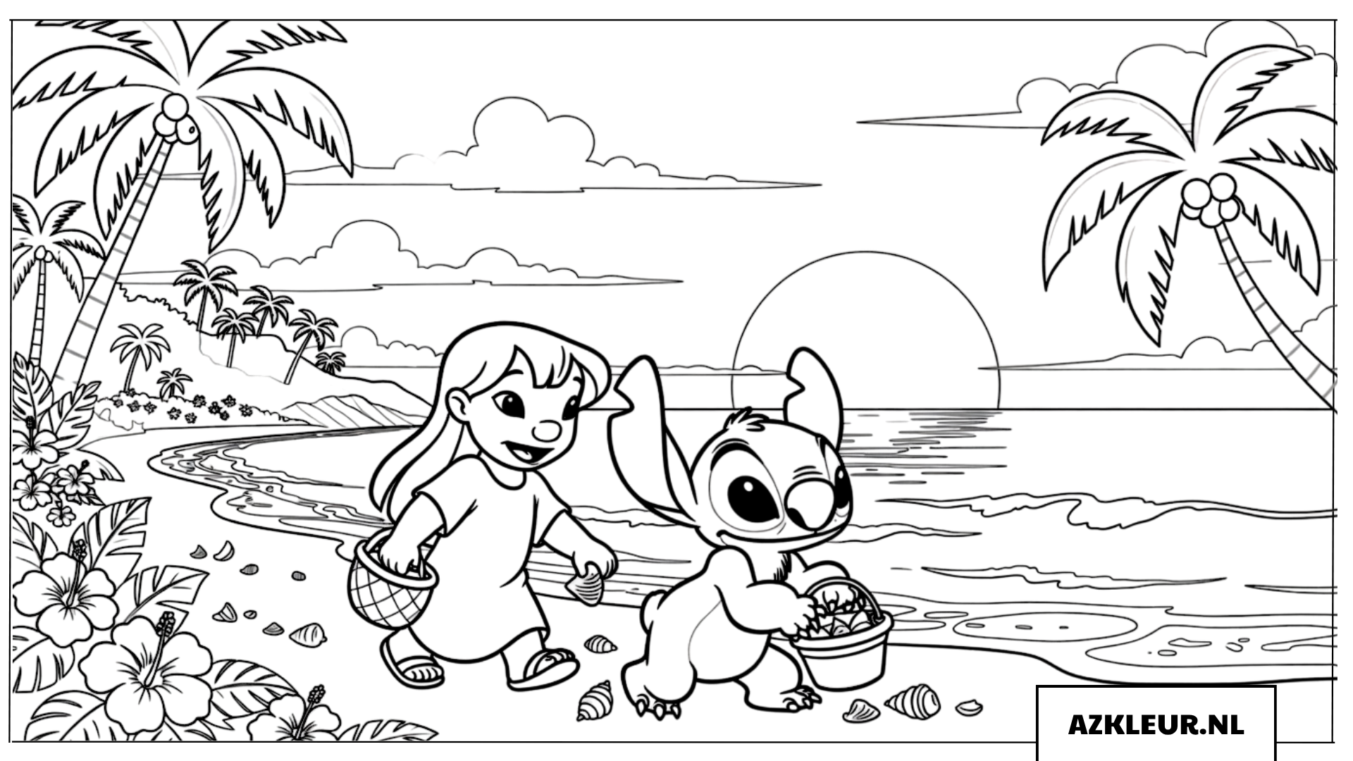 Kleurplaten Lilo en Stitch verzamelen schelpen bij zonsondergang