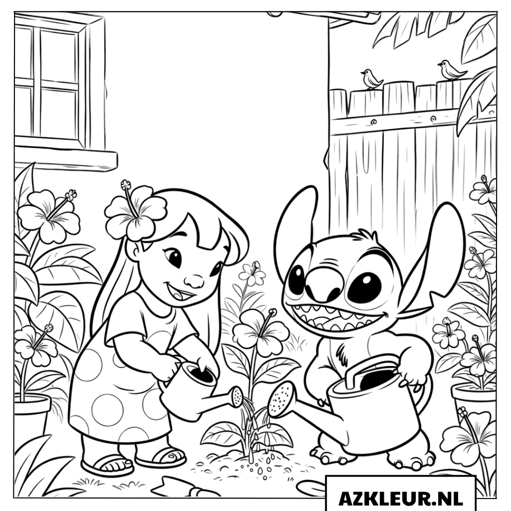 Kleurplaten Lilo en Stitch verzorgen de tuin