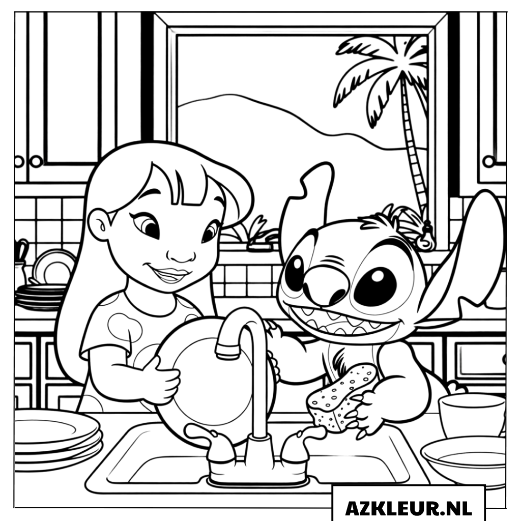 Kleurplaten Lilo en Stitch wassen samen de afwas