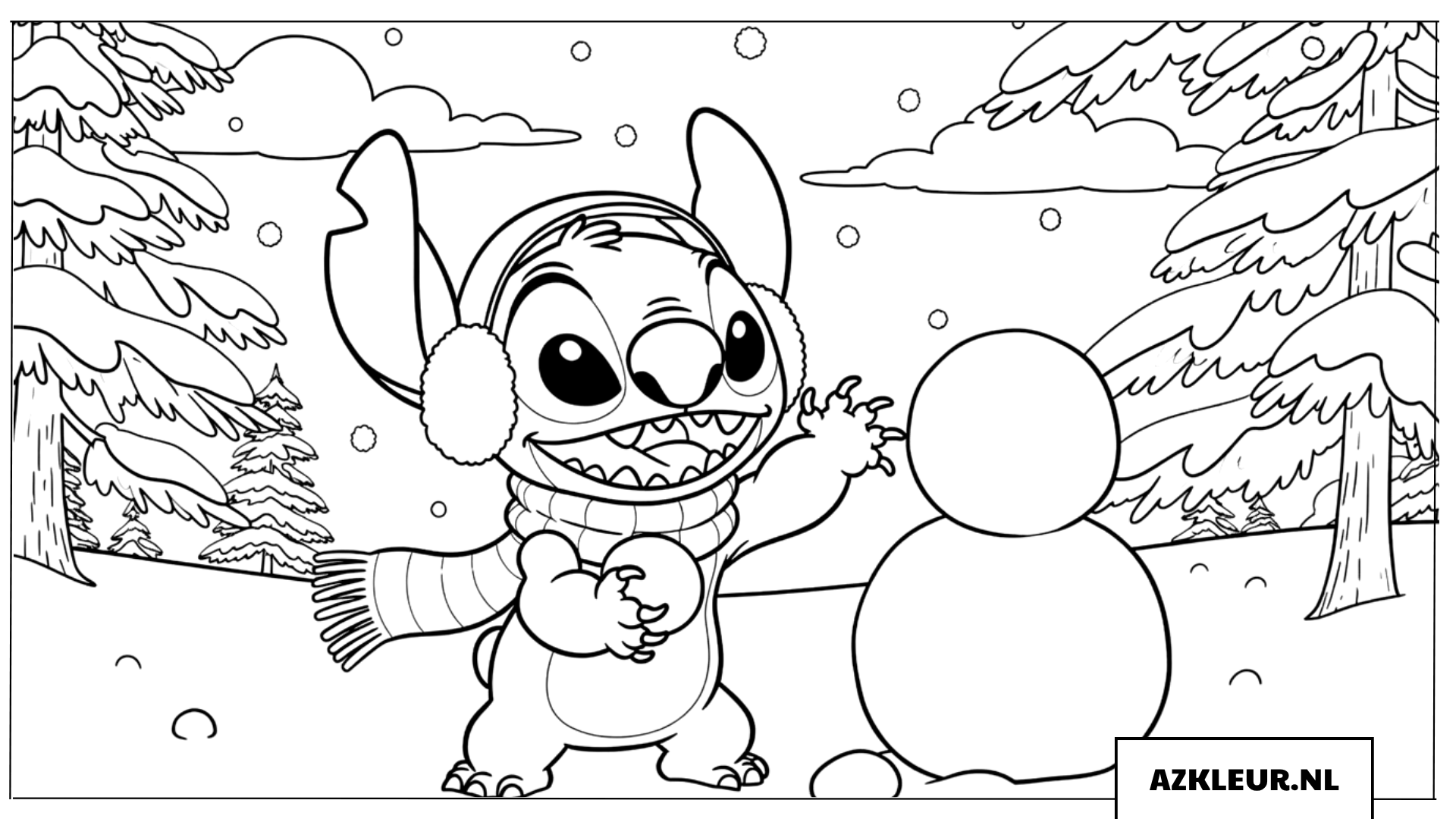 Kleurplaten Stitch bouwt een sneeuwpop