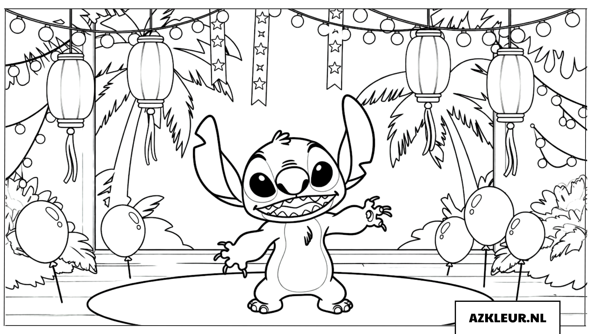 Kleurplaten Stitch danst onder feestdecoraties