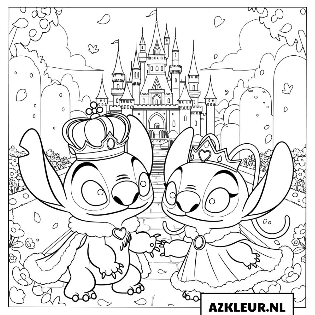 Kleurplaten Stitch en Angel als prins en prinses