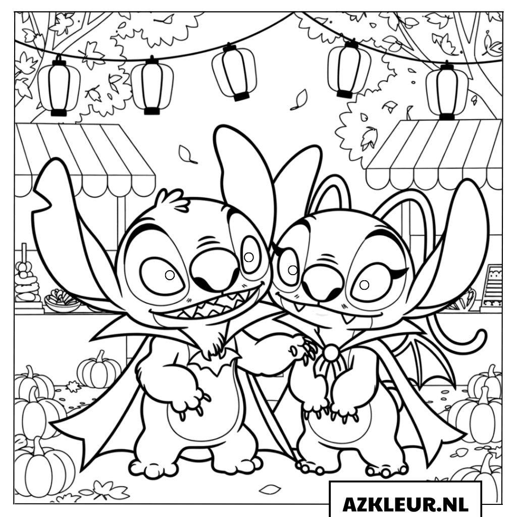 Kleurplaten Stitch en Angel in Halloween vampierkostuums