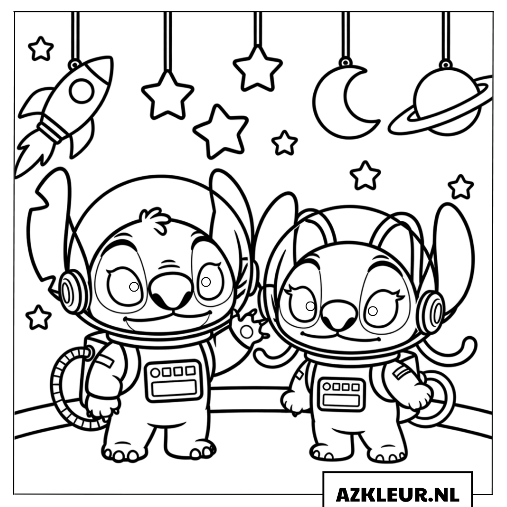 Kleurplaten Stitch en Angel in astronautenkostuums