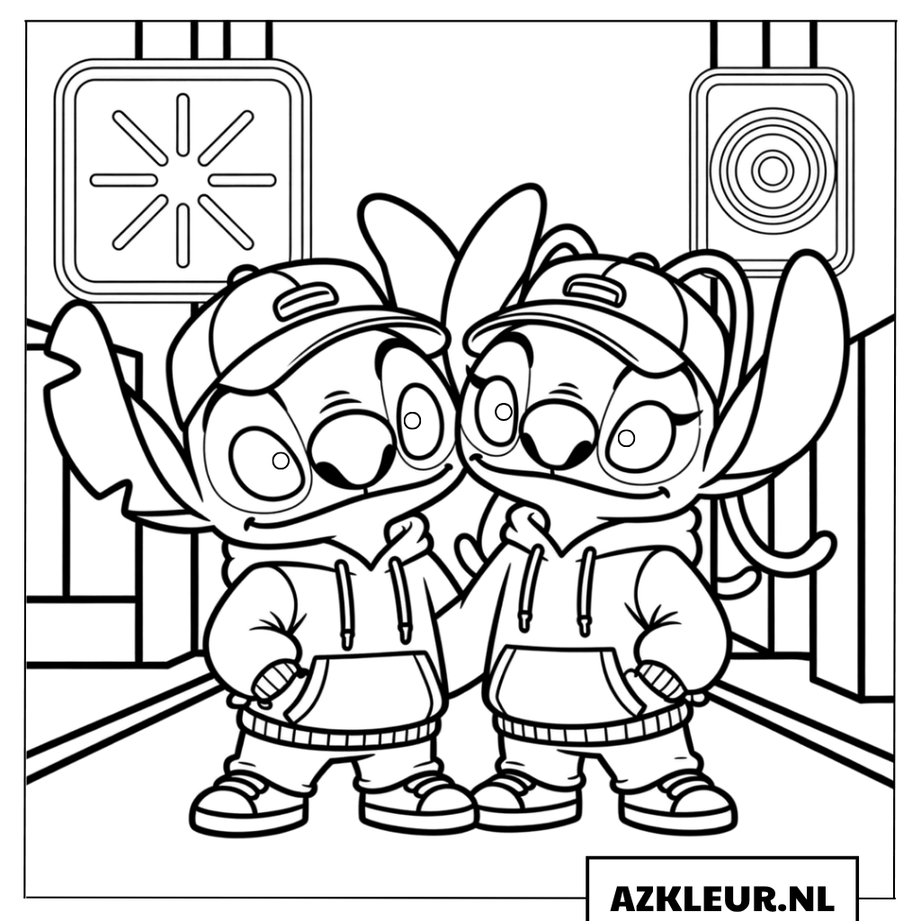 Kleurplaten Stitch en Angel in moderne streetwear