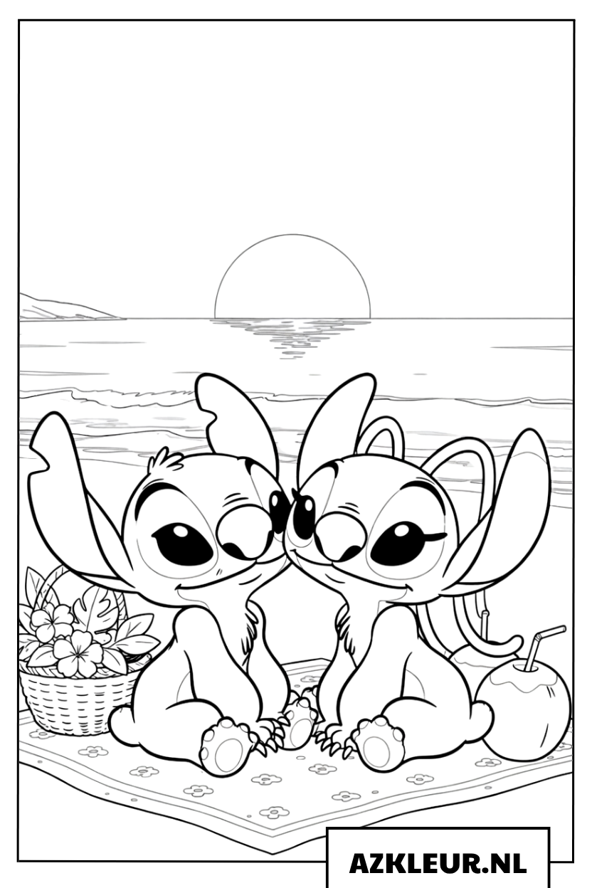 Kleurplaten Stitch en Angel op een romantische strandpicknick