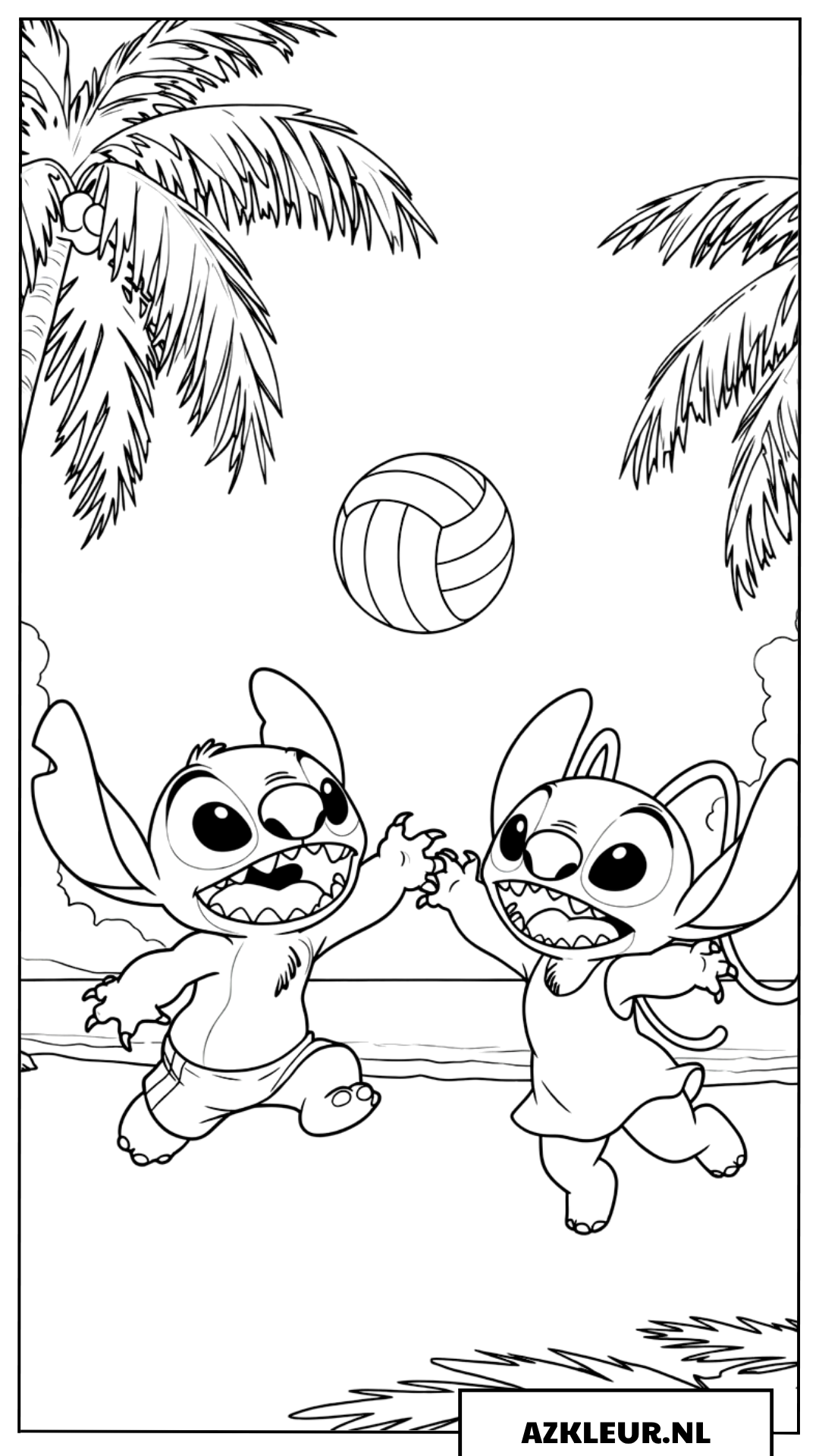 Kleurplaten Stitch en Angel spelen beachvolleybal