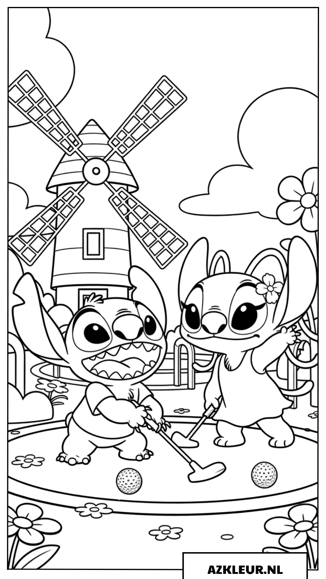 Kleurplaten Stitch en Angel spelen minigolf