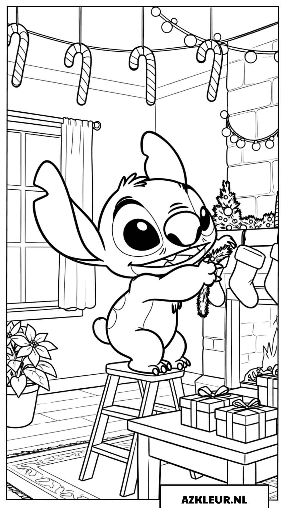 Kleurplaten Stitch hangt kerstlichtjes buiten op
