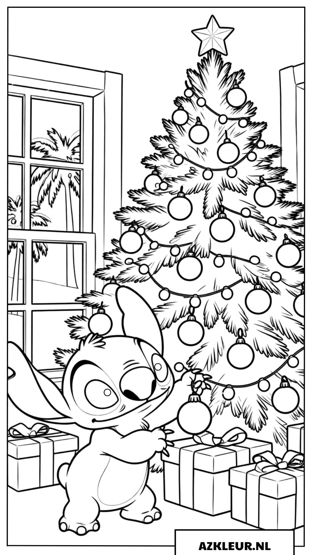Kleurplaten Stitch versiert de kerstboom